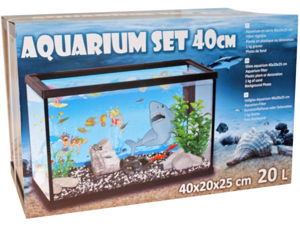 Aquarium set 40cm met filter met deco haai