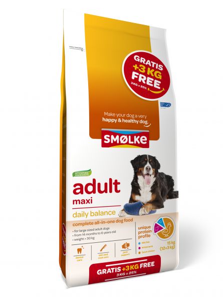 Fluisteren hoop etnisch Smolke Adult Maxi Bonus Bag Hondenvoer slechts € 33,94 voor 12+3 Kg.