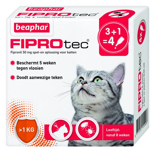 Beaphar Fiprotec Kat Tegen Vlooien Teken slechts € 14,28 voor 3+1 Pipet >1 Kg En 8 Weken.