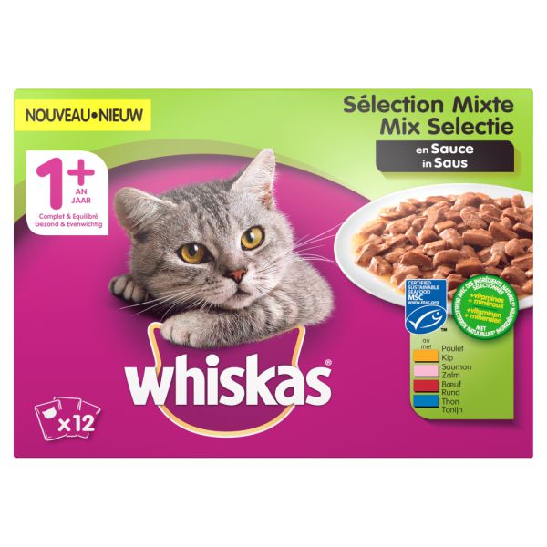 Whiskas multipack pouch adult mix selectie vlees / vis in saus kattenvoer