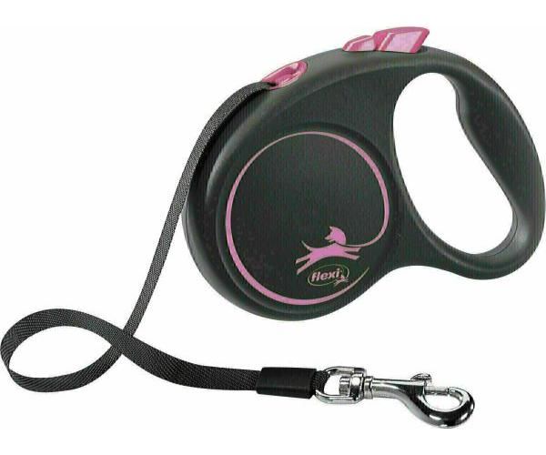 Flexi voor hond rollijn voor  black design tape roze