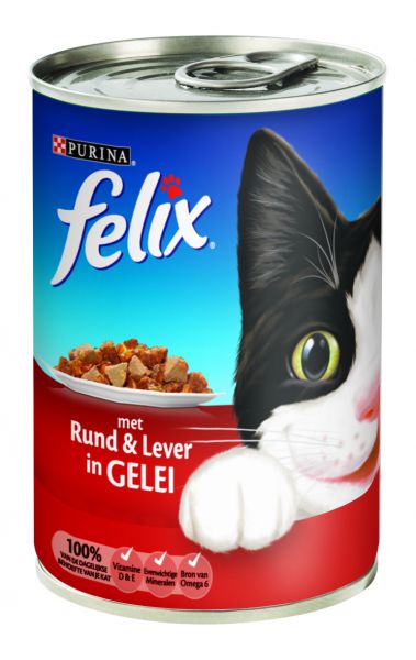 Aanvankelijk naast Schildknaap Felix Blik Stukjes Rund / Lever In Gelei Kattenvoer slechts € 1,09 voor 400  Gr.